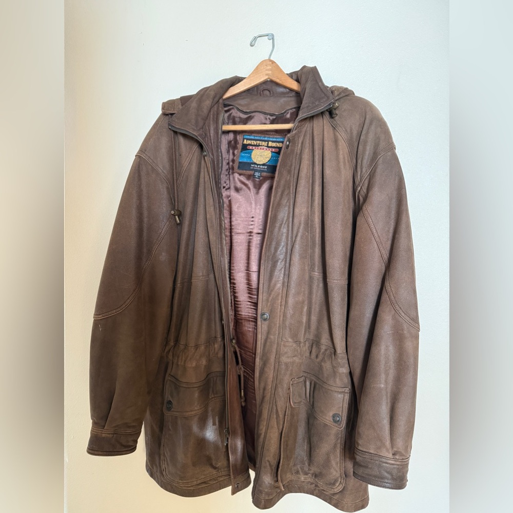 Vintage 90s Adventure Bound Wilson’s Heavy Leather Brown Hooded Coat